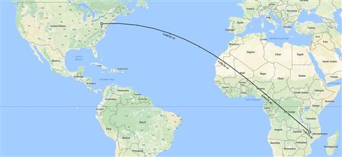 Map of State College PA to Malawi, Africa  